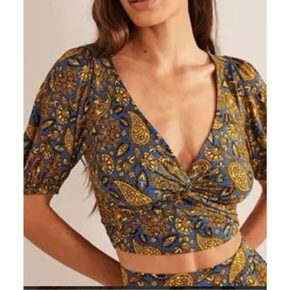 Boden twist knot front blue yellow crop top size 16/18